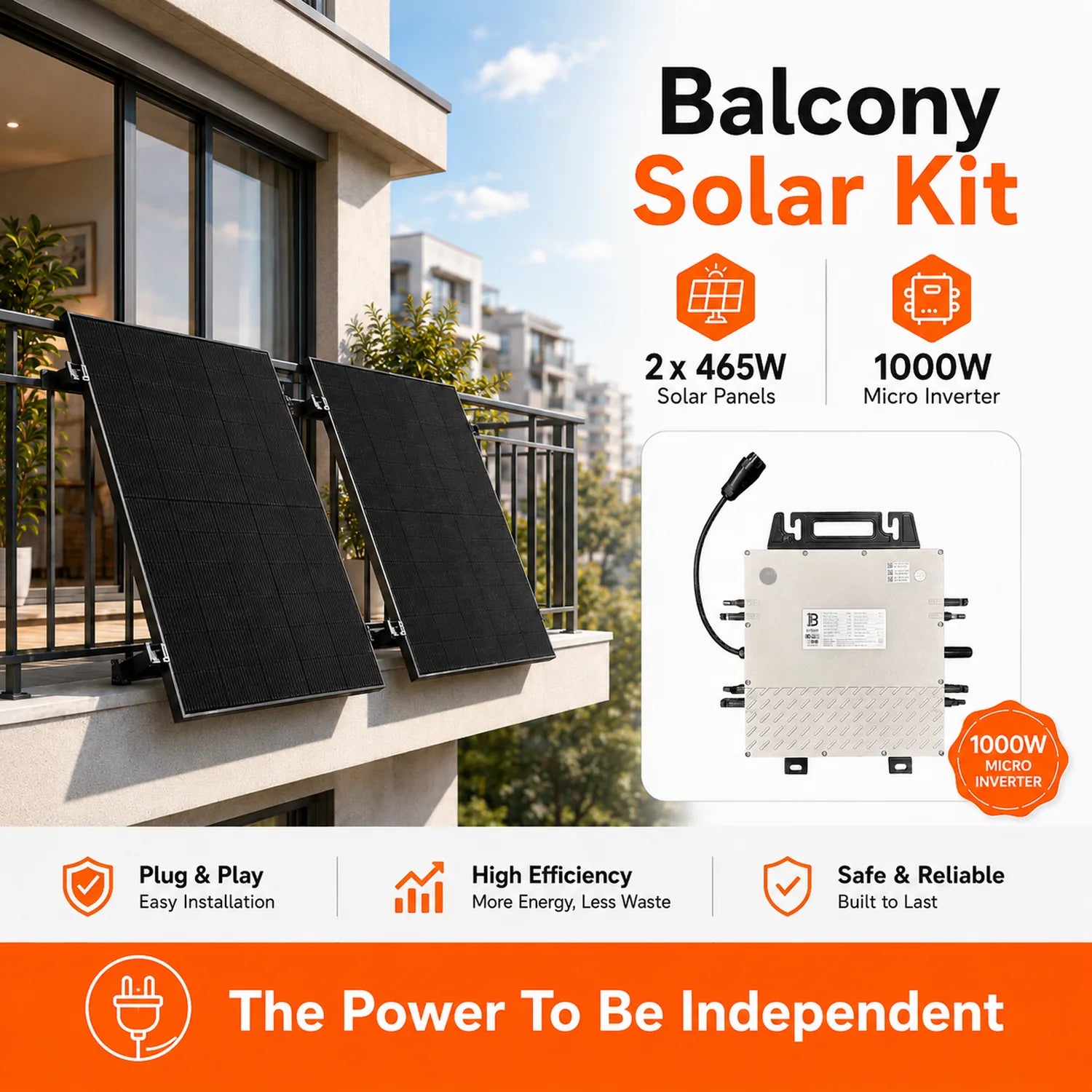 Two black solar panels mounted on a modern apartment balcony railing with city buildings in background, showing 1000W micro i