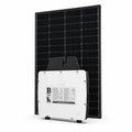 Solar panel with attached micro inverter showing specifications label and mounting hardware against white background.