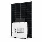 Solar panel with attached micro inverter showing specifications label and mounting hardware against white background.