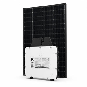 Solar panel with attached micro inverter showing specifications label and mounting hardware against white background.