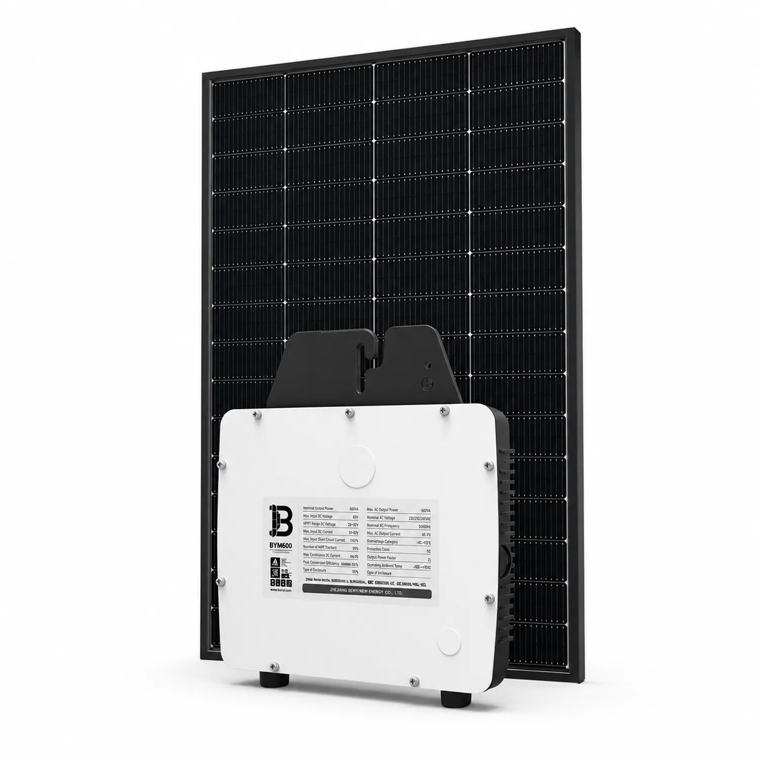 Solar panel with attached micro inverter showing specifications label and mounting hardware against white background.