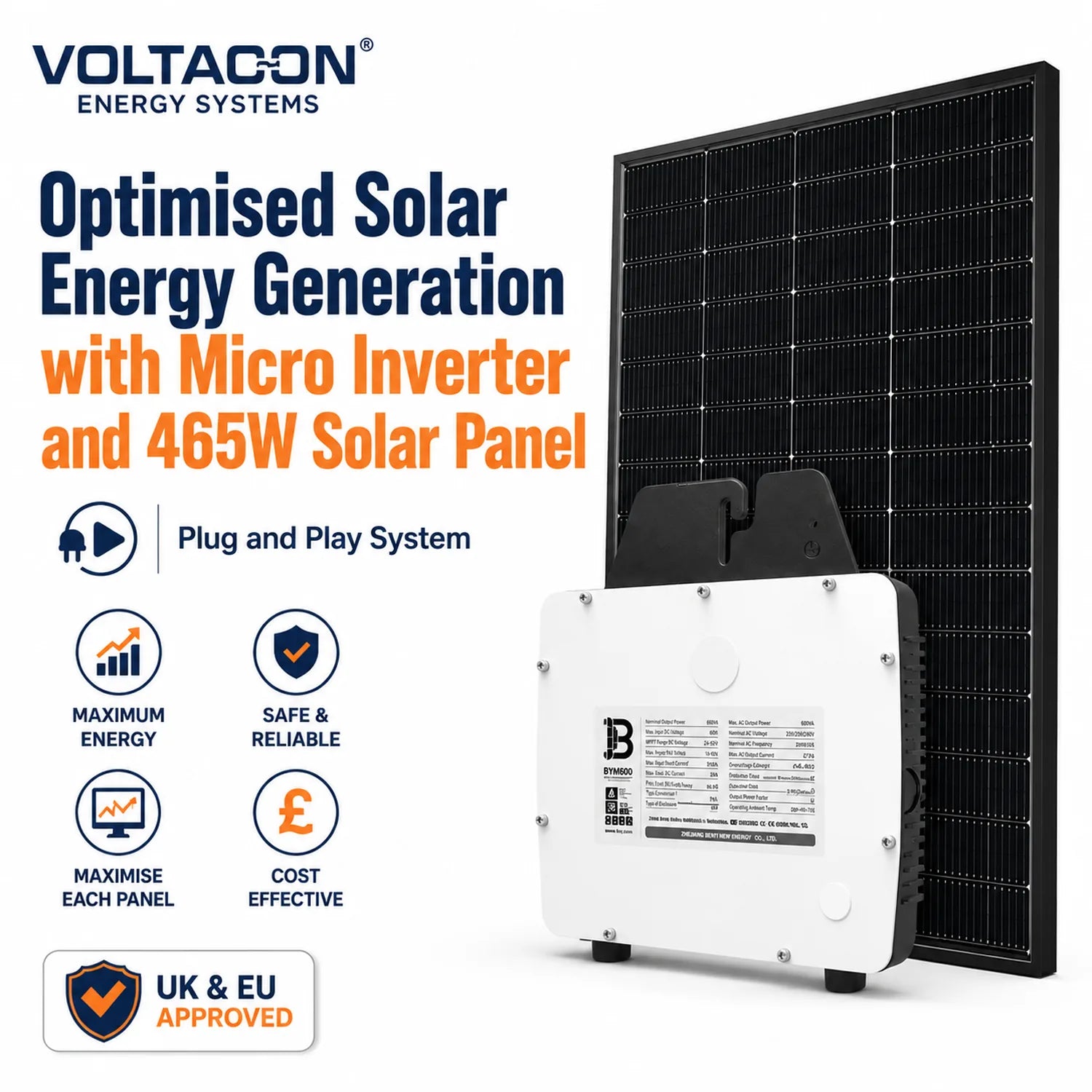 Voltacon 465W black solar panel with white micro inverter mounted in front, shown against white background with product featu