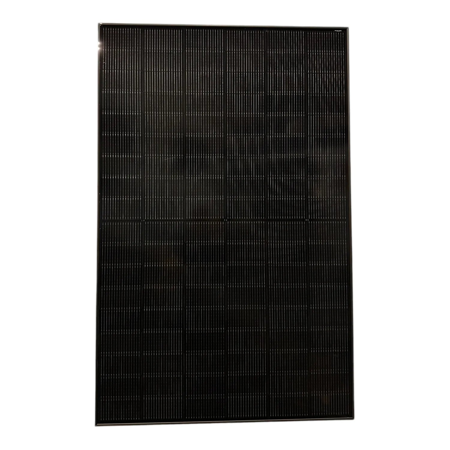 Black monocrystalline solar panel with vertical ribbed cell pattern, shown as product shot against white background.