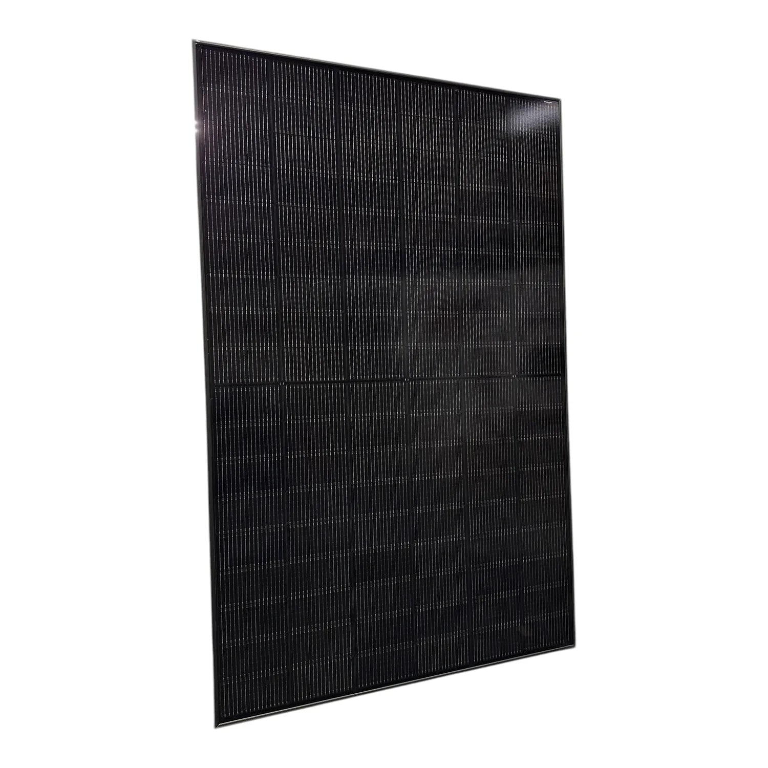 Black monocrystalline solar panel with vertical ribbed surface, tilted at angle against white background.