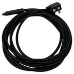 Black power cable coiled with UK plug connector and certification labels visible.