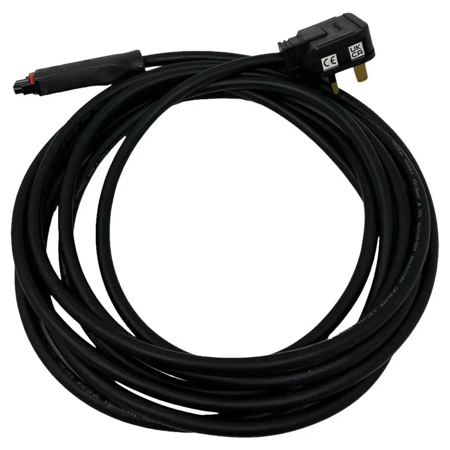 Black power cable coiled with UK plug connector and certification labels visible.