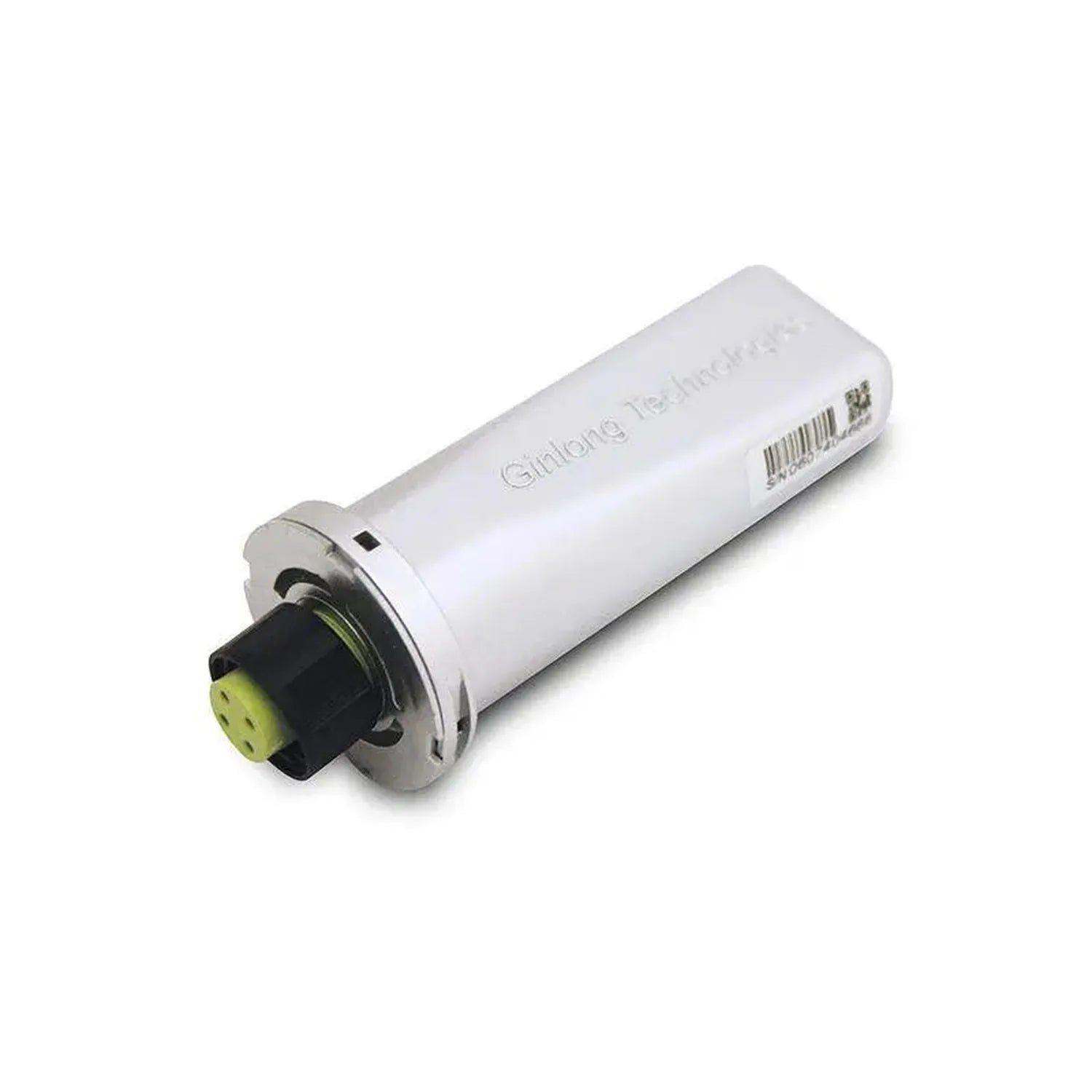 White cylindrical Solis hybrid inverter with yellow and black connector port at end, barcode visible on side.