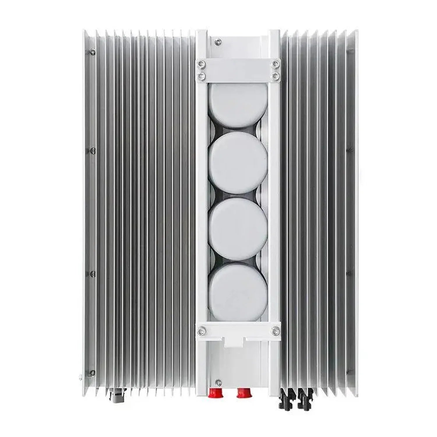 Top-down view of 6kW hybrid inverter with large aluminum heatsinks on sides, central white housing with four circular fan ven