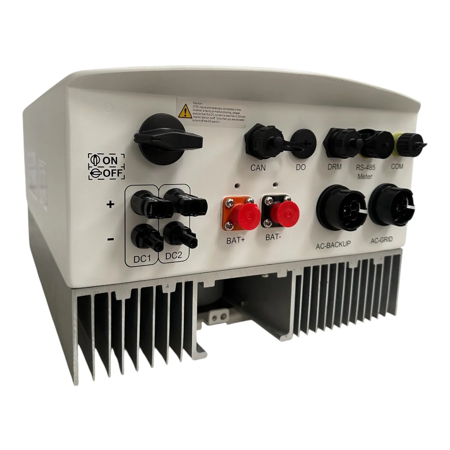 White power inverter with heatsink fins, ON/OFF switch, dual DC inputs, battery terminals, AC connections, and communication 