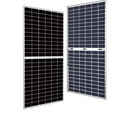 Two tall rectangular solar panels displayed at an angle, showing black photovoltaic cells in a grid pattern separated by whit