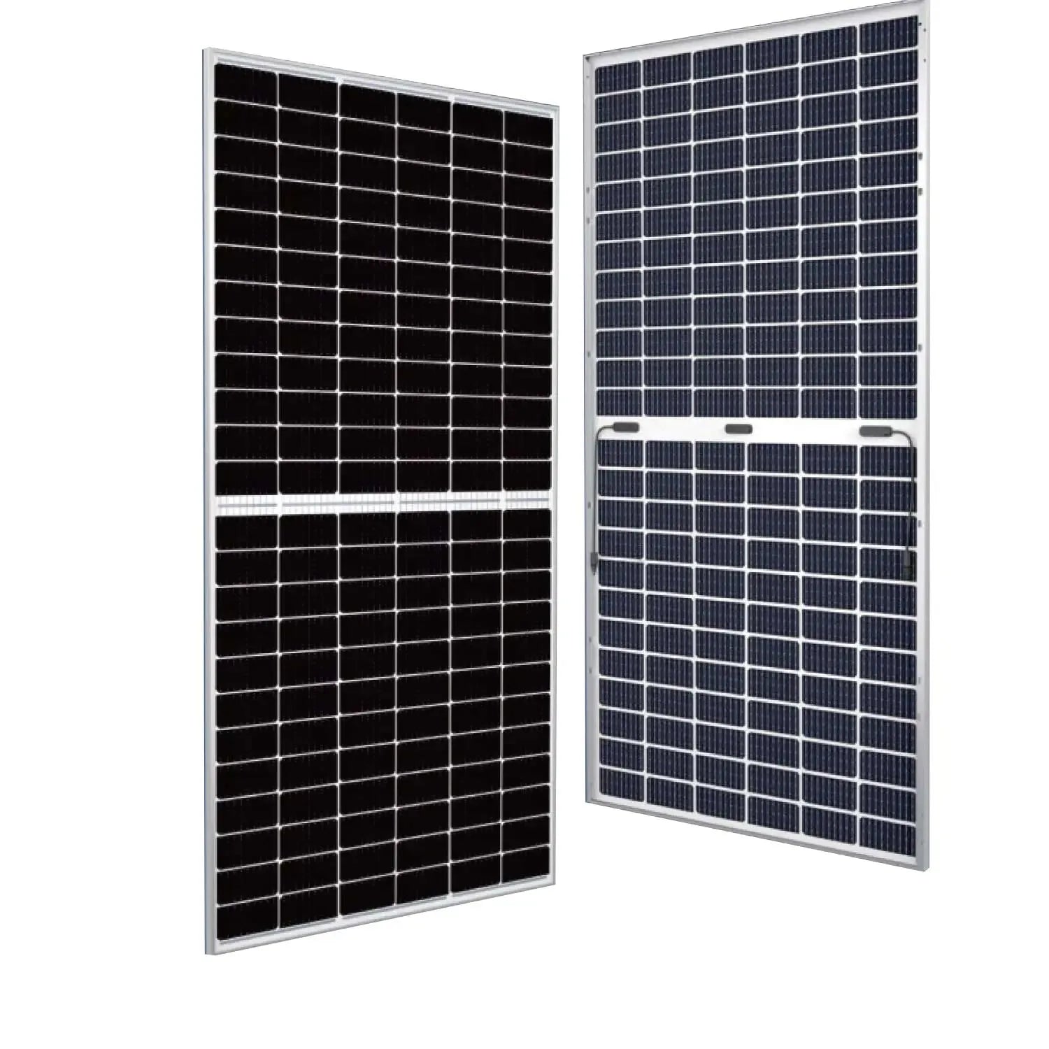 Two tall rectangular solar panels displayed at an angle, showing black photovoltaic cells in a grid pattern separated by whit