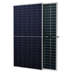 Two solar panels displayed side by side, showing front and back surfaces with white aluminum frames and grid pattern of dark 