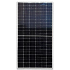 Rectangular bifacial solar panel with white frame and dark blue-black silicon cells arranged in rows, separated by white grid