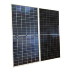 Two bifacial solar panels mounted side by side, featuring dual glass construction with visible white grid lines dividing blac