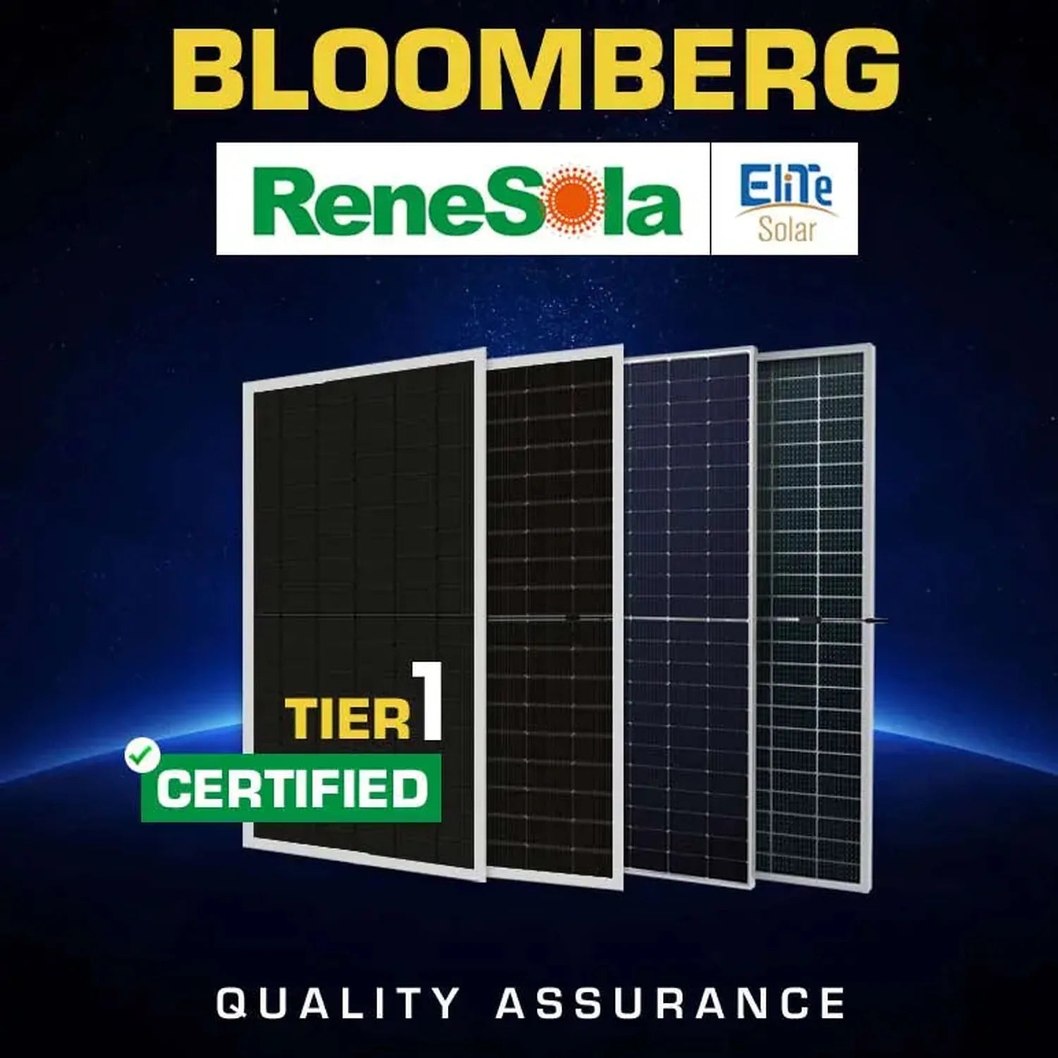 Bloomberg Renesola Elite Solar Tier 1 certified solar panels arranged in a row against a starry blue background, quality assu