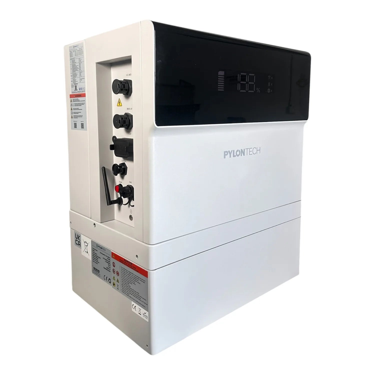 Pylontech Force H3X hybrid solar inverter, white unit with black control panel displaying 100% charge status, manual switches