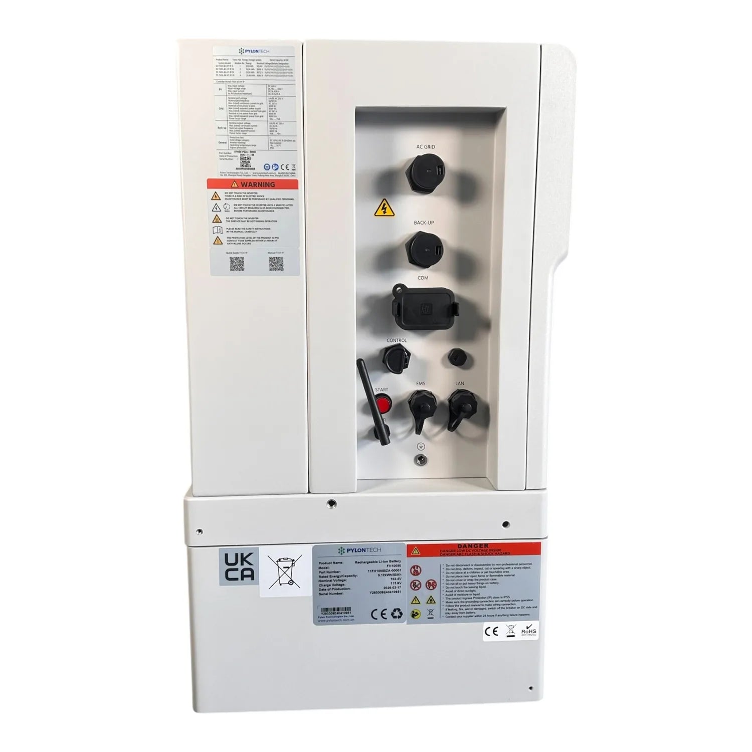 Pylontech Force H3X hybrid solar inverter front panel showing AC grid, backup, and communications ports with control knobs an