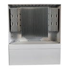 Top-down view of Pylontech Force H3X hybrid solar inverter showing internal aluminum heatsinks and cooling fins mounted in wh