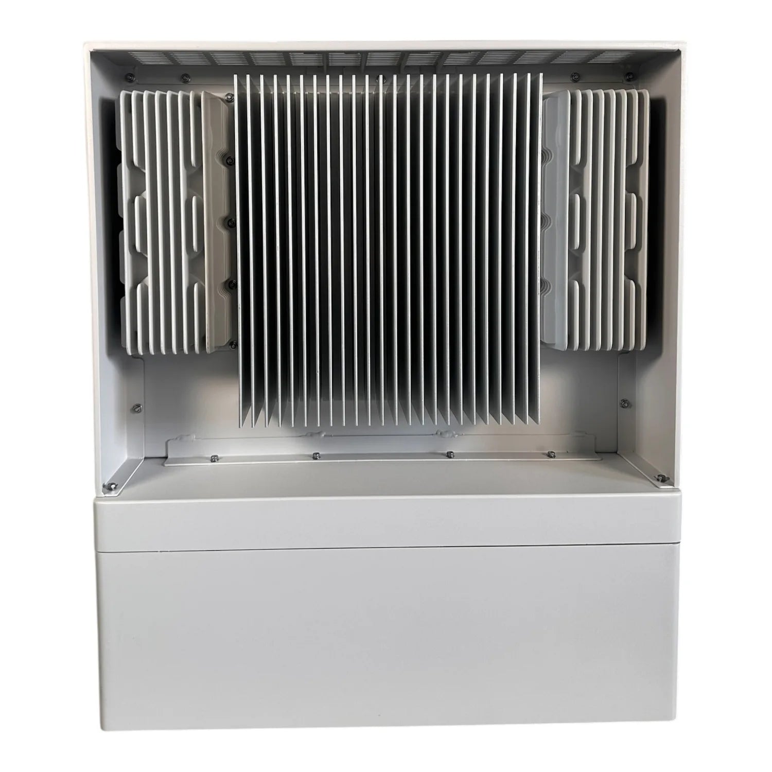 Top-down view of Pylontech Force H3X hybrid solar inverter showing internal aluminum heatsinks and cooling fins mounted in wh