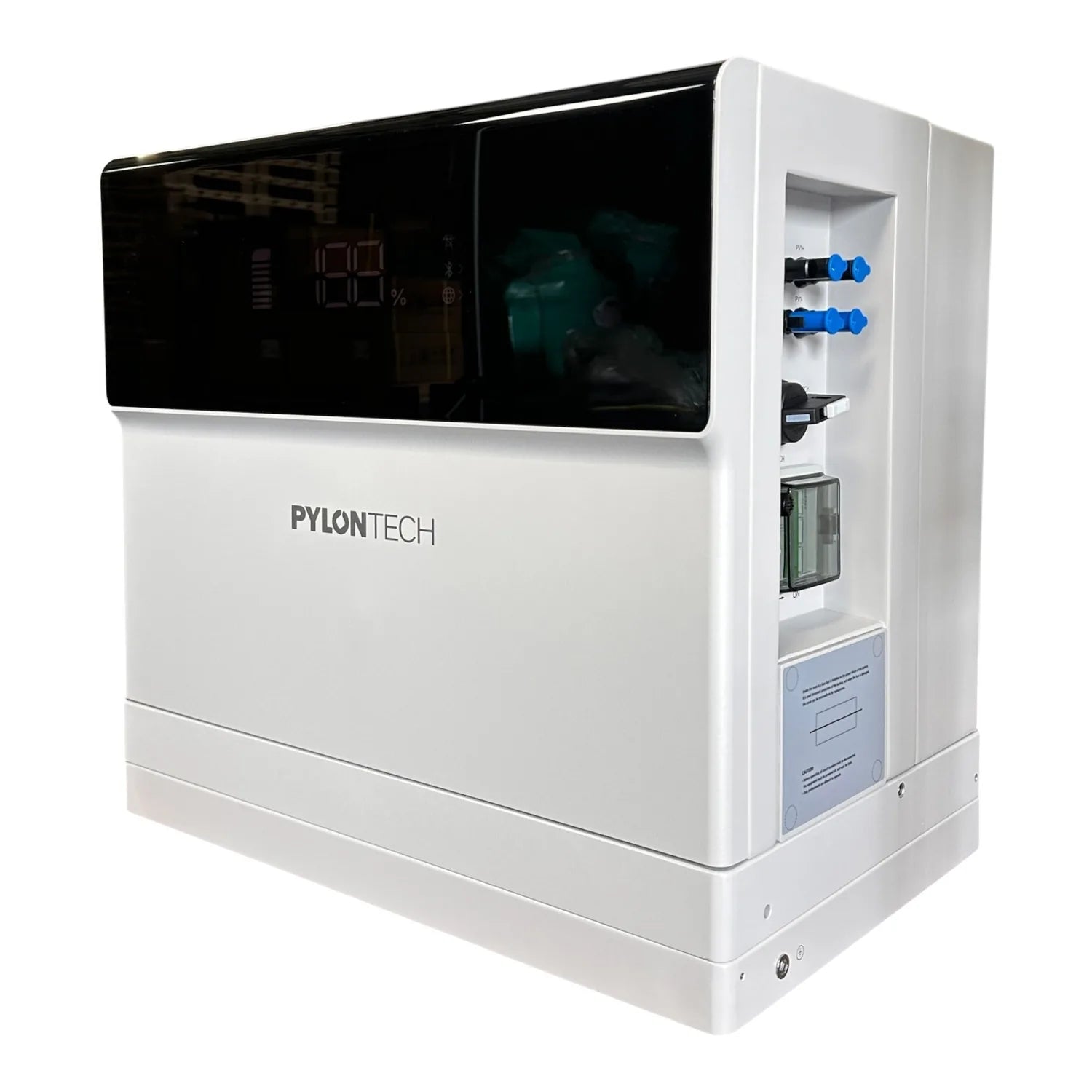 Pylontech white hybrid solar inverter with black display screen, blue connectors, and utility connections visible on right si
