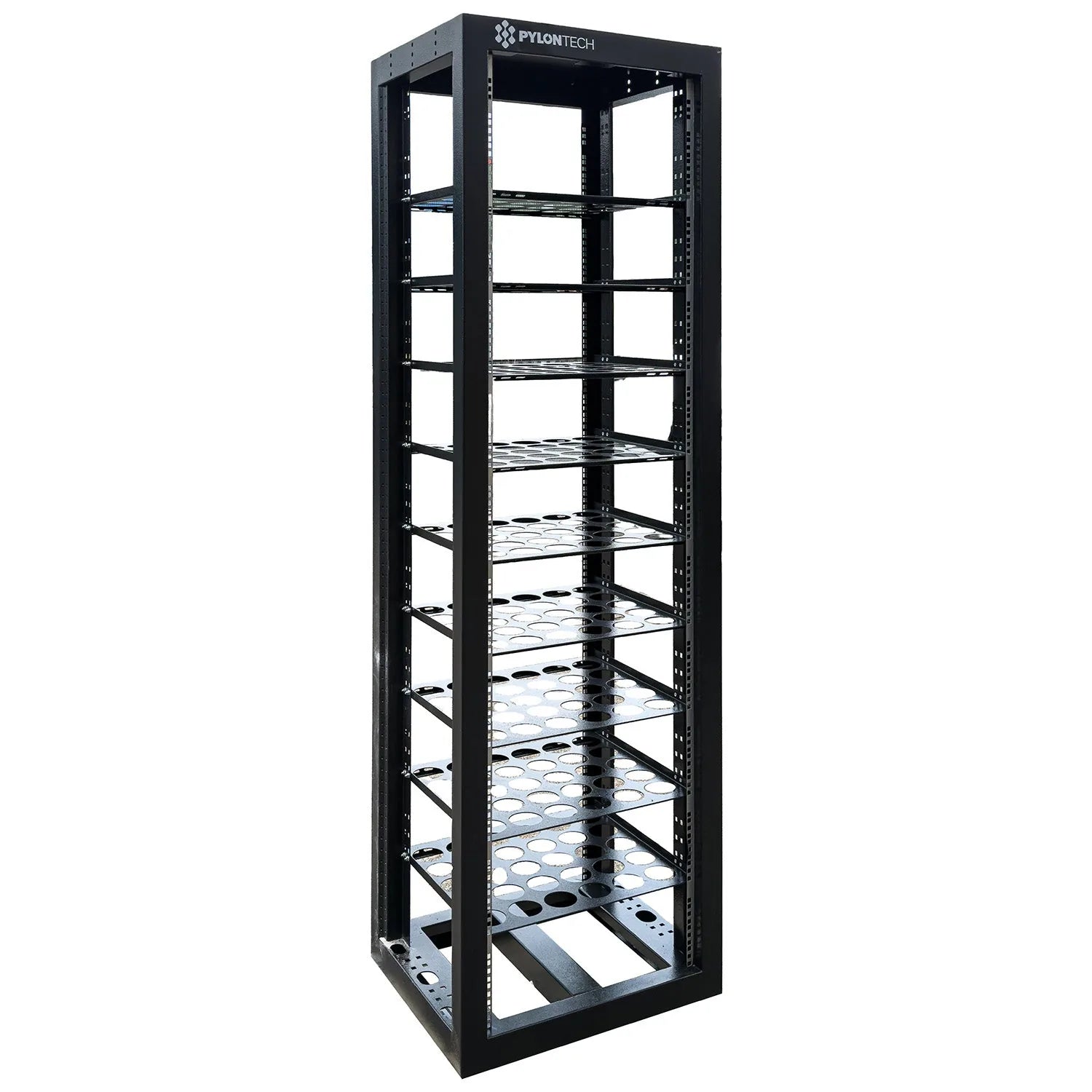 Black Pylontech server rack cabinet with 10 horizontal shelves, empty frame shown against white background.