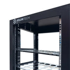 Pylontech black steel server rack cabinet with open frame showing internal mounting rails and empty shelf slots for battery m