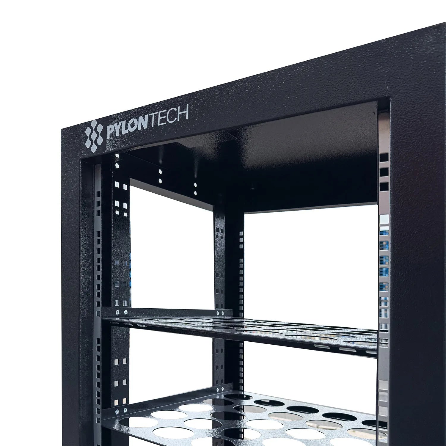 Pylontech black steel server rack cabinet with open frame showing internal mounting rails and empty shelf slots for battery m