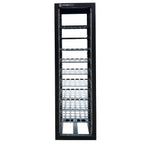Pylontech black steel server rack cabinet with 10 horizontal mounting slots, some populated with battery modules, viewed from
