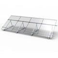 Adjustable aluminum solar panel mounting system with four angled brackets supporting transparent panels at an inclined angle.