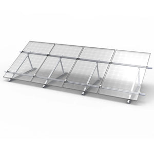 Adjustable aluminum solar panel mounting system with four angled brackets supporting transparent panels at an inclined angle.