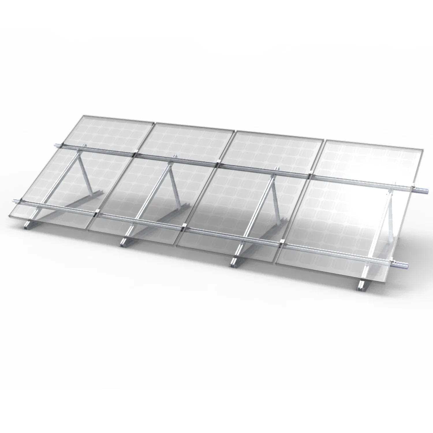 Adjustable aluminum solar panel mounting system with four angled brackets supporting transparent panels at an inclined angle.