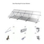 Solar mounting kit for 4 panels showing assembled frame and component parts: 4 brackets, 8 rails, 6 clamps, 4 end caps, and h