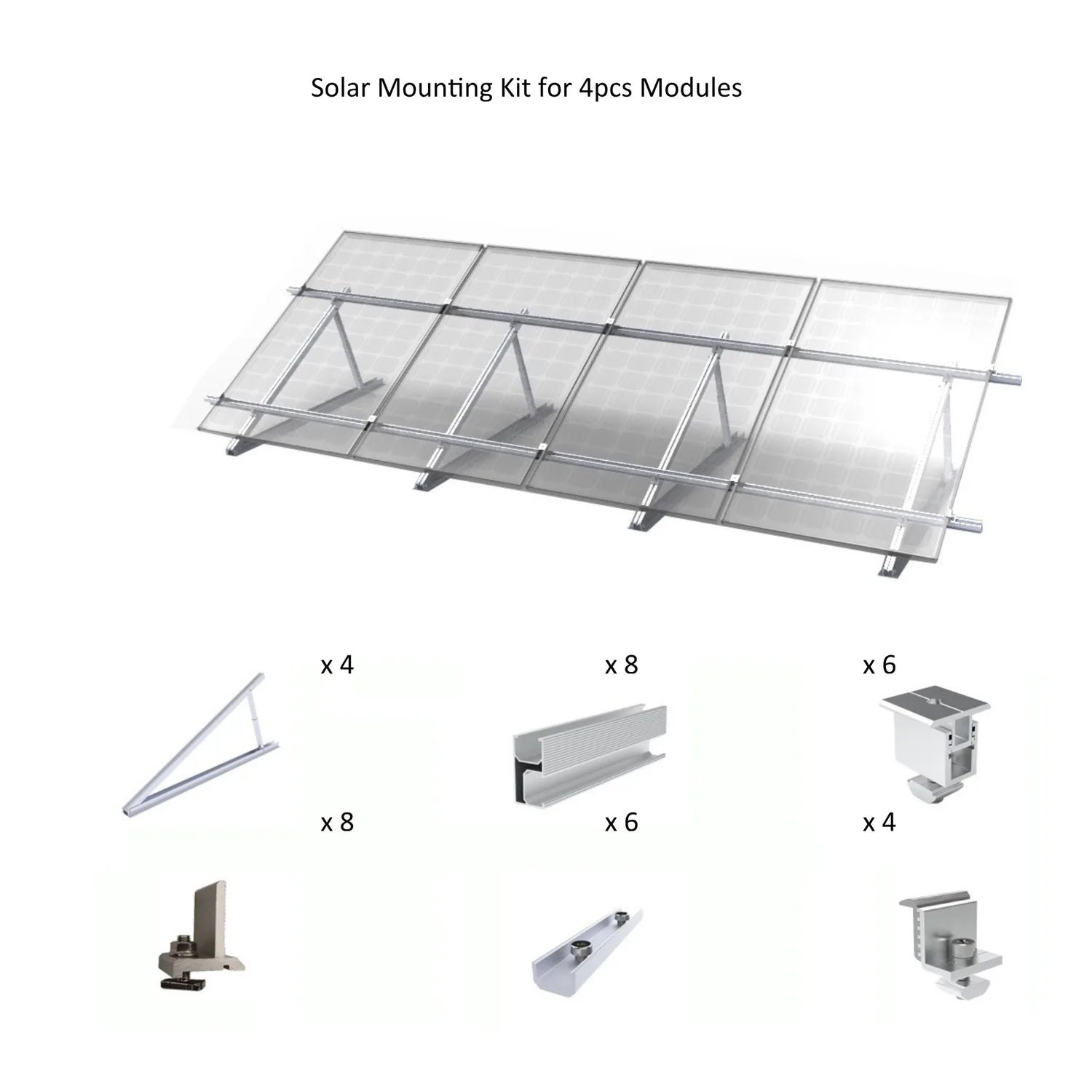 Solar mounting kit for 4 panels showing assembled frame and component parts: 4 brackets, 8 rails, 6 clamps, 4 end caps, and h