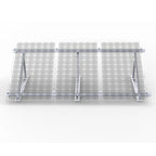 Three solar panels mounted on adjustable aluminum rails with angled support brackets on a flat surface.