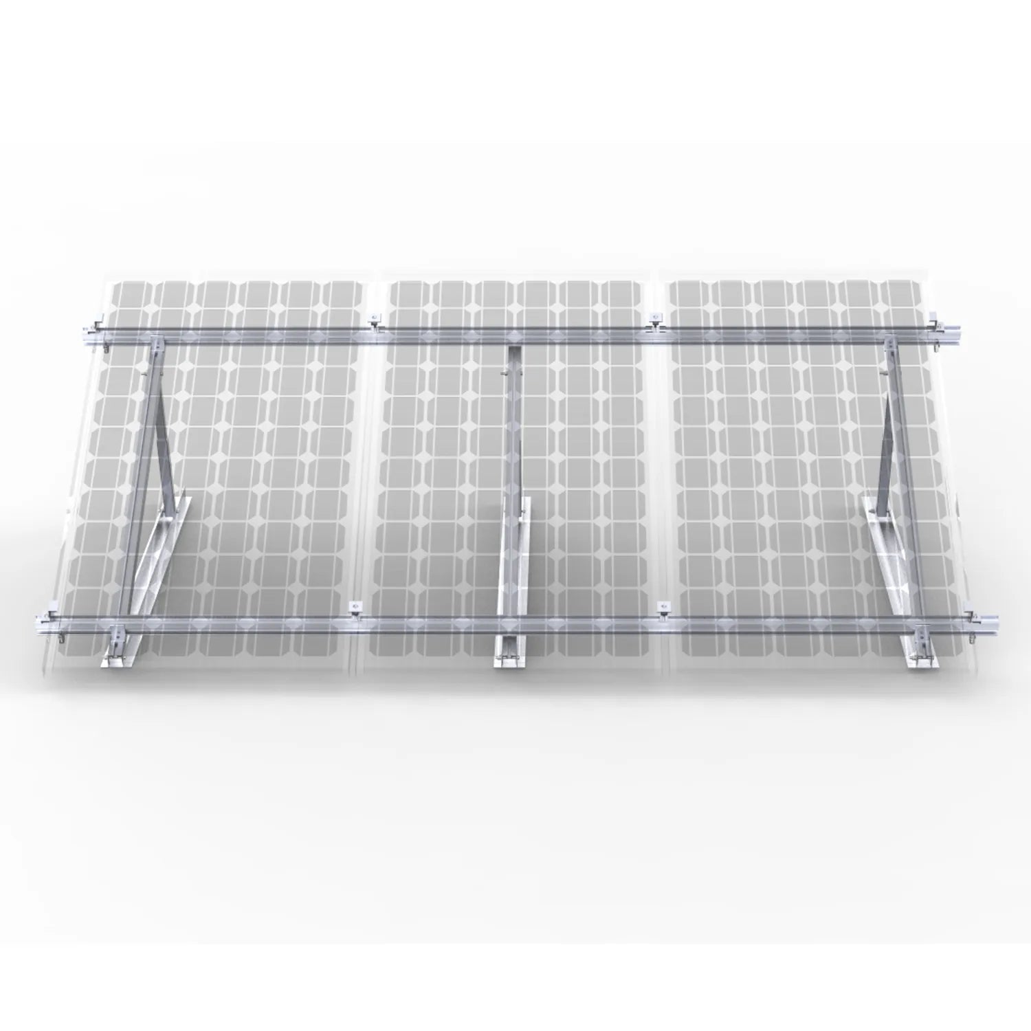 Three solar panels mounted on adjustable aluminum rails with angled support brackets on a flat surface.