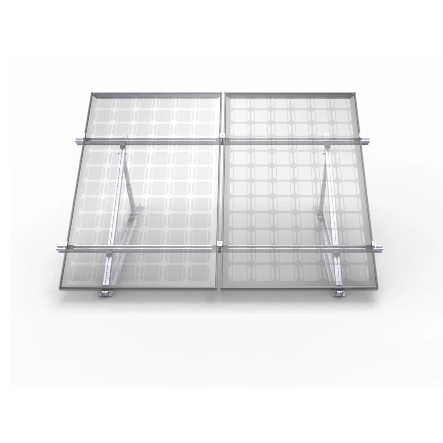 Two angled solar panel frames with metal supports and adjustment mechanisms, shown from above on white background.