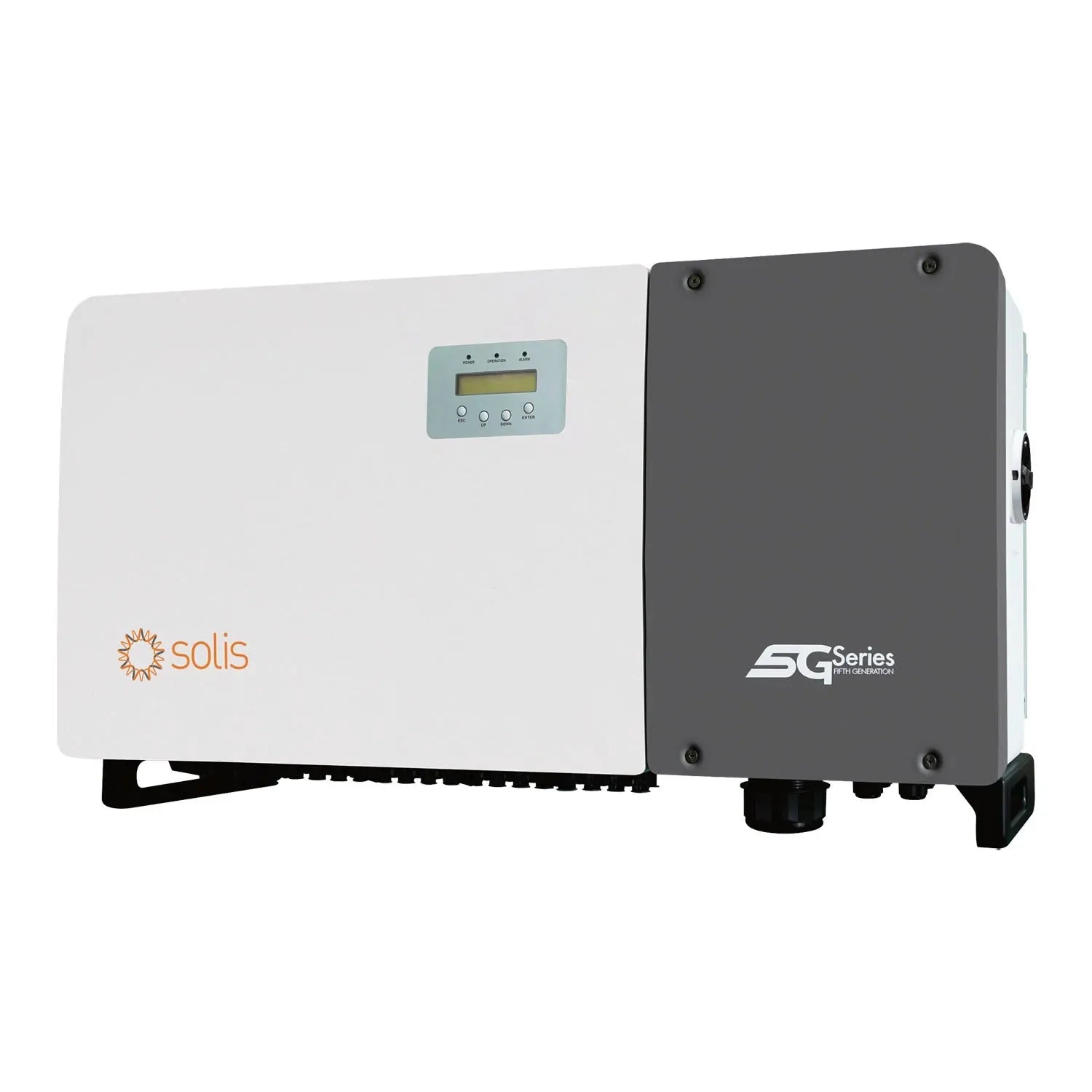 Solis 100kW 3-Phase solar inverter with white casing on left, gray 5G Series module on right, digital display panel, and blac