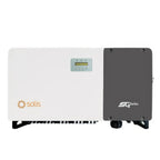 Solis 100kW white grid-tied solar inverter with display panel next to dark gray SG Series power conditioning unit.