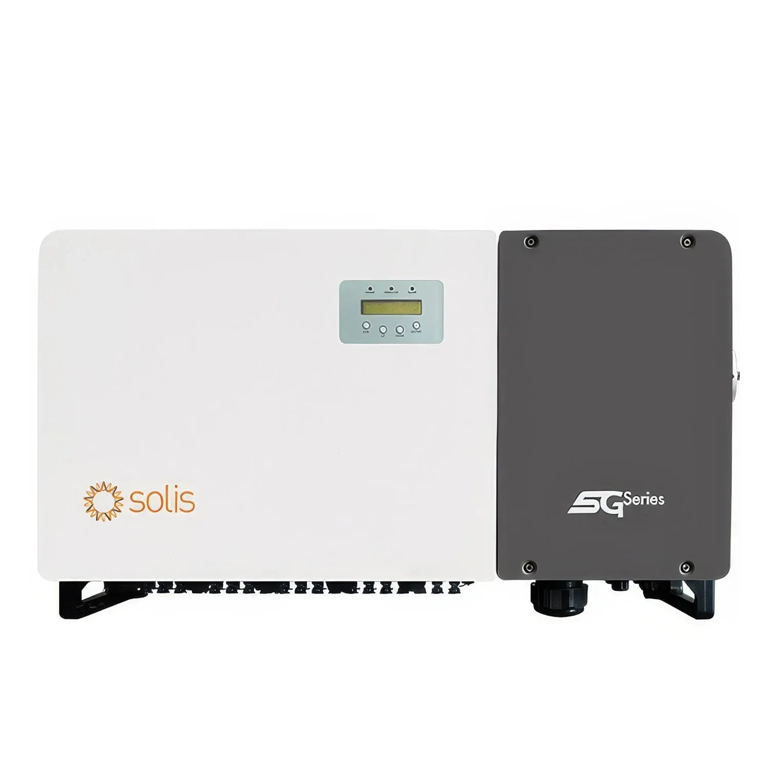 Solis 100kW white grid-tied solar inverter with display panel next to dark gray SG Series power conditioning unit.