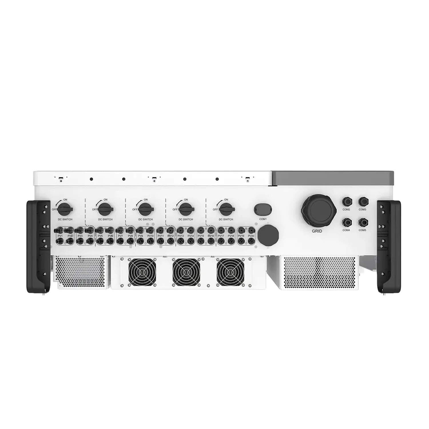 Solis 100kW three-phase grid-tied solar inverter top view showing five DC switches, central grid control dial, cooling fans, 