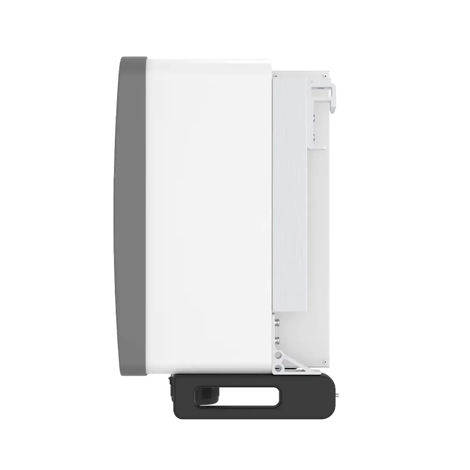 Side view of white and gray solar inverter with black mounting bracket and control panel details visible.