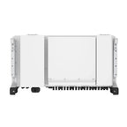 Front view of white and gray three-phase solar inverter with terminal connections at bottom and mounting brackets on sides.