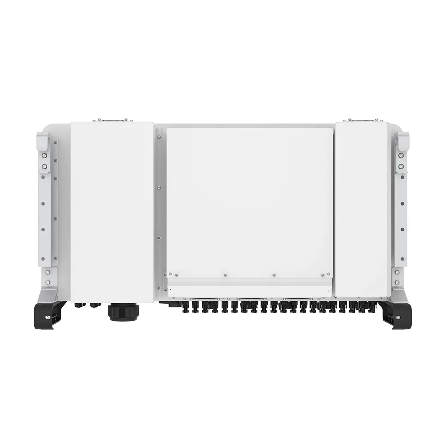 Front view of white and gray three-phase solar inverter with terminal connections at bottom and mounting brackets on sides.