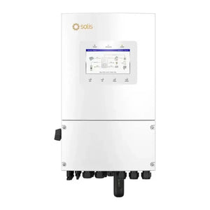 Solis white hybrid inverter with touchscreen display showing system diagram, mounted on wall with cable connections at bottom