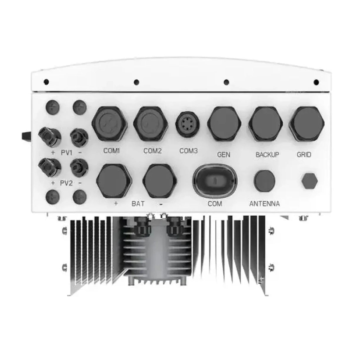 Top-down view of hybrid inverter control panel with labeled connection ports including PV1, PV2, COM1, COM2, COM3, GEN, BACKU