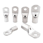 Six copper cable lugs in various sizes, showing top view of loop ends and side view of crimped barrel connections for electri