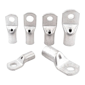 Six copper cable lugs in various sizes, showing top view of loop ends and side view of crimped barrel connections for electri