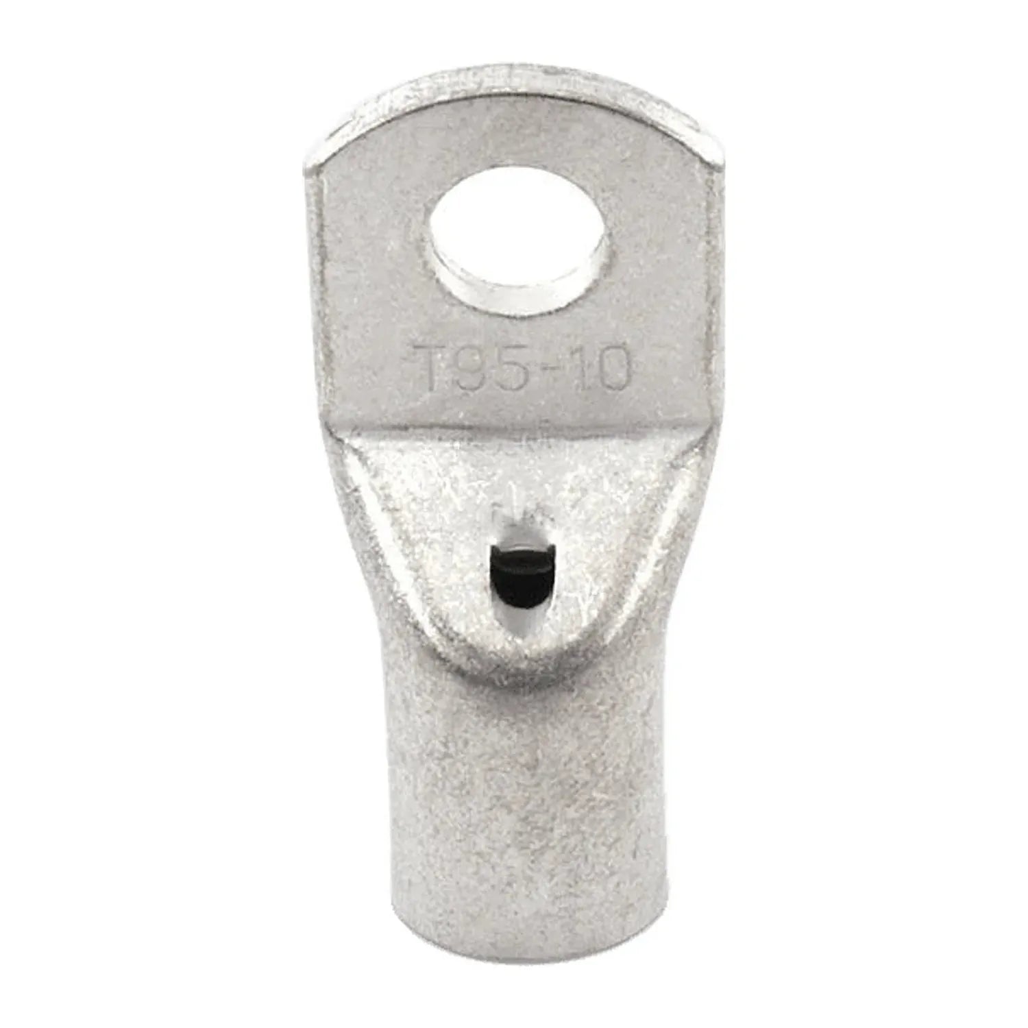 T95-10 aluminum cable lug with M10 bolt hole and crimped barrel, product shot on white background.