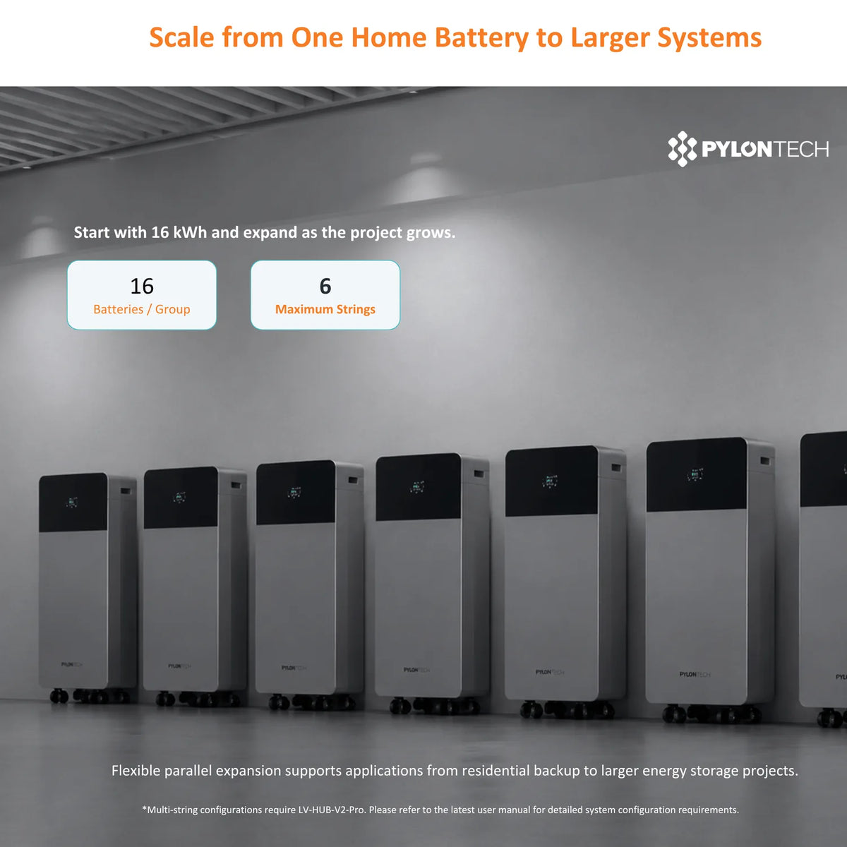 Seven stacked Pylontech battery units showing scalable expansion from single 16 kWh system to larger installations with up to