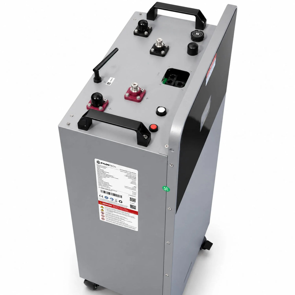 Pylontech Fidus PRO battery unit with gray housing, control panel on top showing switches, connectors, and indicator lights, 